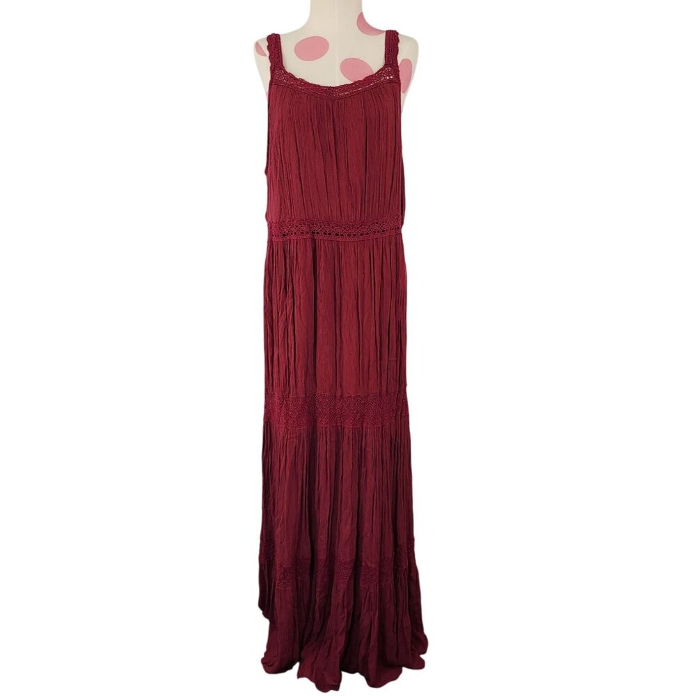 Women's Knox Rose Maroon Lace Tiered Ruffled Maxi Dress Large Boho Hippie